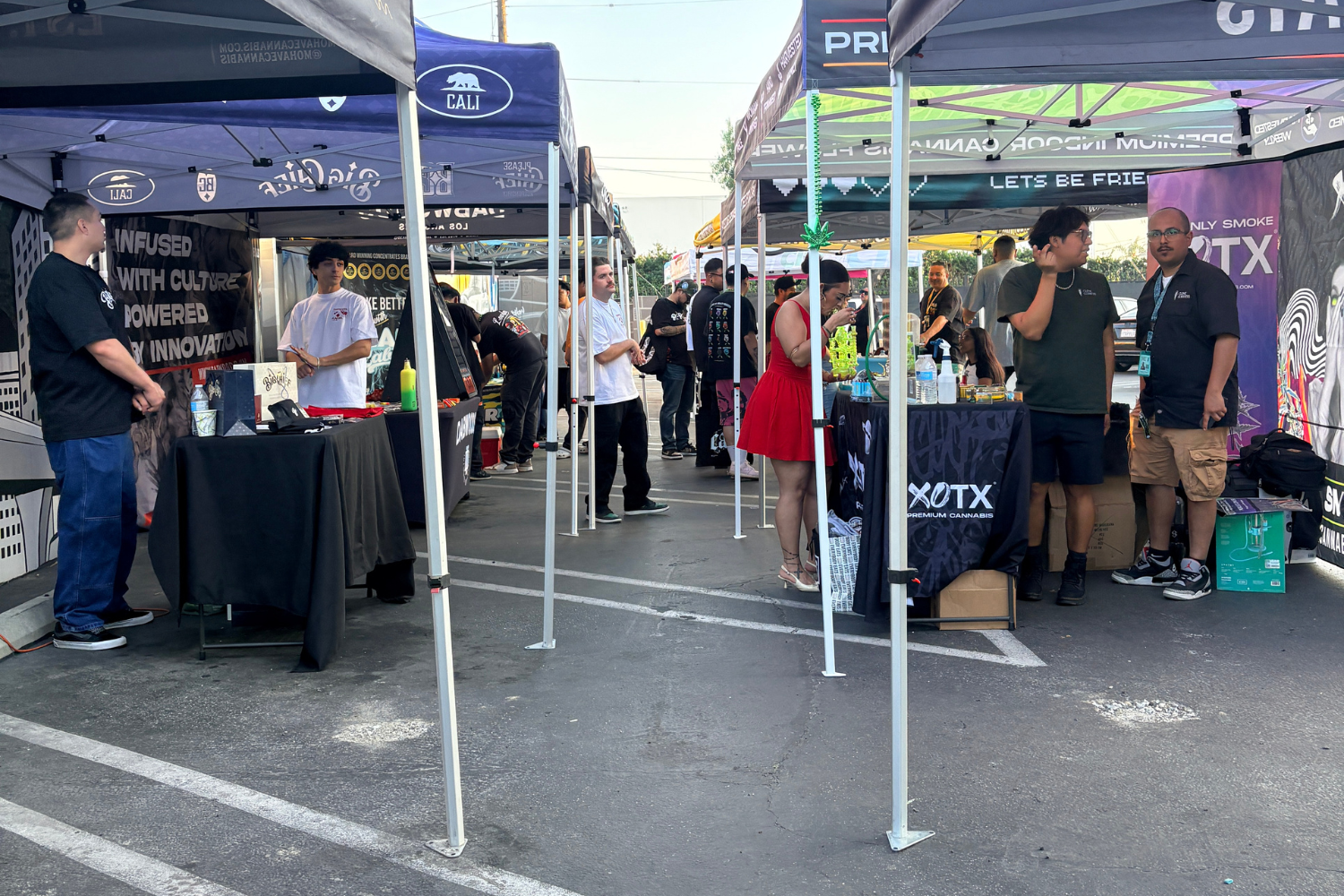Vendor booths and attendees gathered at an outdoor cannabis community event during a 714 Day celebration in Orange County.