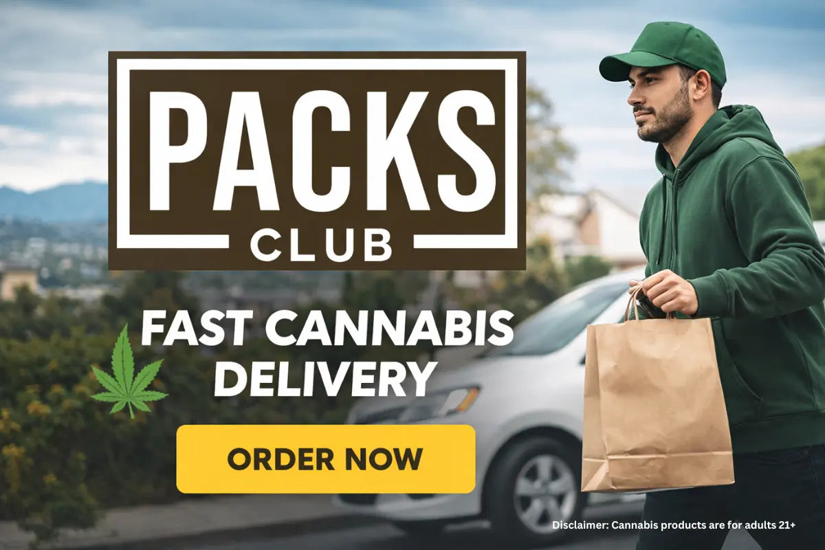 Man holding a brown paper bag, delivering cannabis products discreetly.