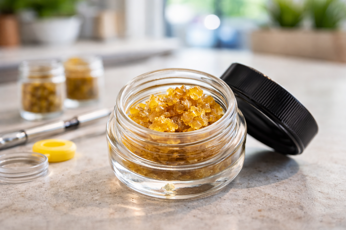 Open jar of golden cannabis crystals with other jars and vape pen nearby.