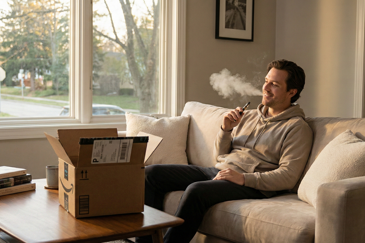 A person in a light brown hoodie vapes on a beige couch, exhaling a cloud of vapor. In front of them is a wooden coffee table with an open Amazon box, stacked books, and a coffee mug. Sunlight streams through large windows behind them.