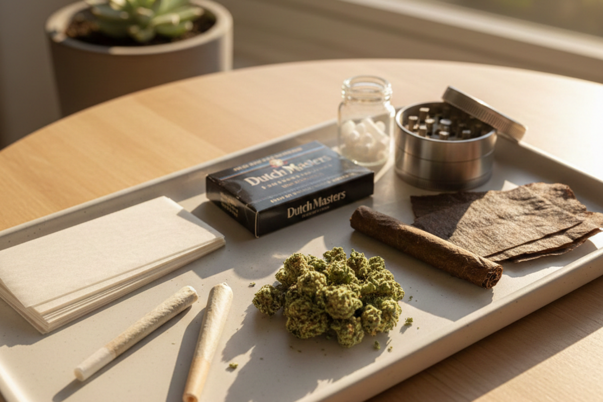 Blunt vs joint comparison with cannabis flower, rolling papers, and blunt wraps displayed on a tray.