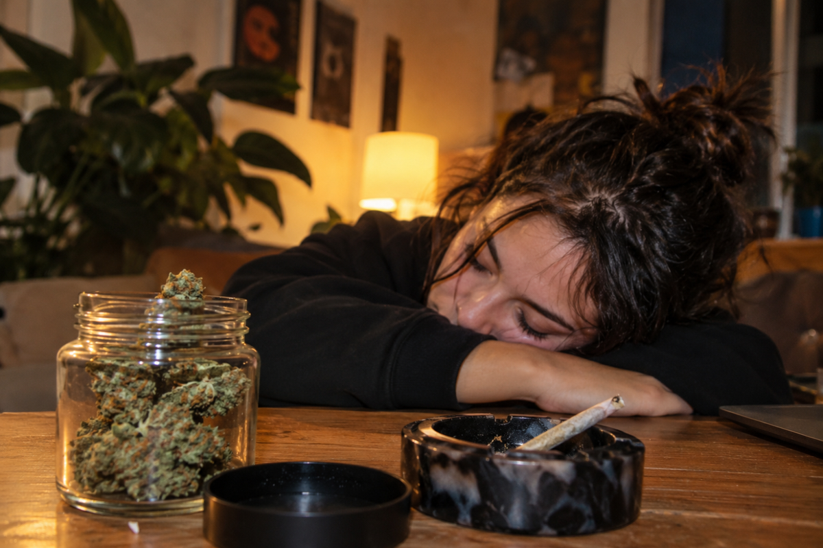 Woman feeling sleepy after cannabis use, illustrating how sativa can sometimes cause tiredness or drowsiness