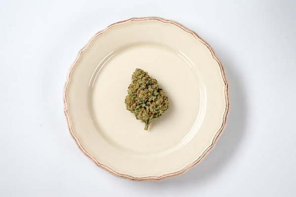 Raw cannabis flower on a plate, illustrating the question of whether you can eat cannabis raw.
