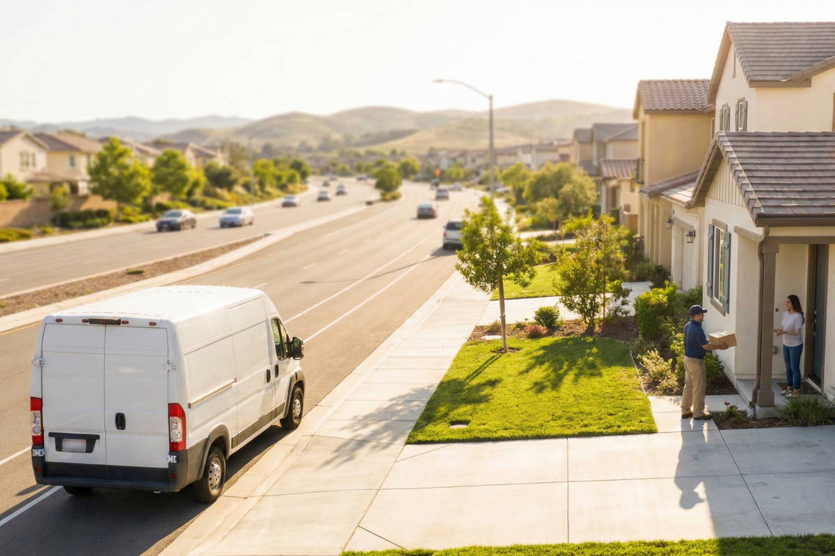 Courier completes a curbside delivery handoff beside a white van in a residential neighborhood.