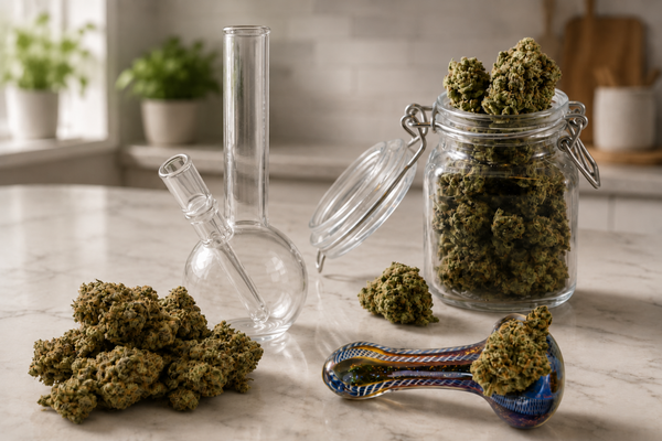 Clear glass bong, glass pipe, and cannabis flower on a kitchen counter, illustrating how glassware helps preserve clean flavor and pure terpenes.