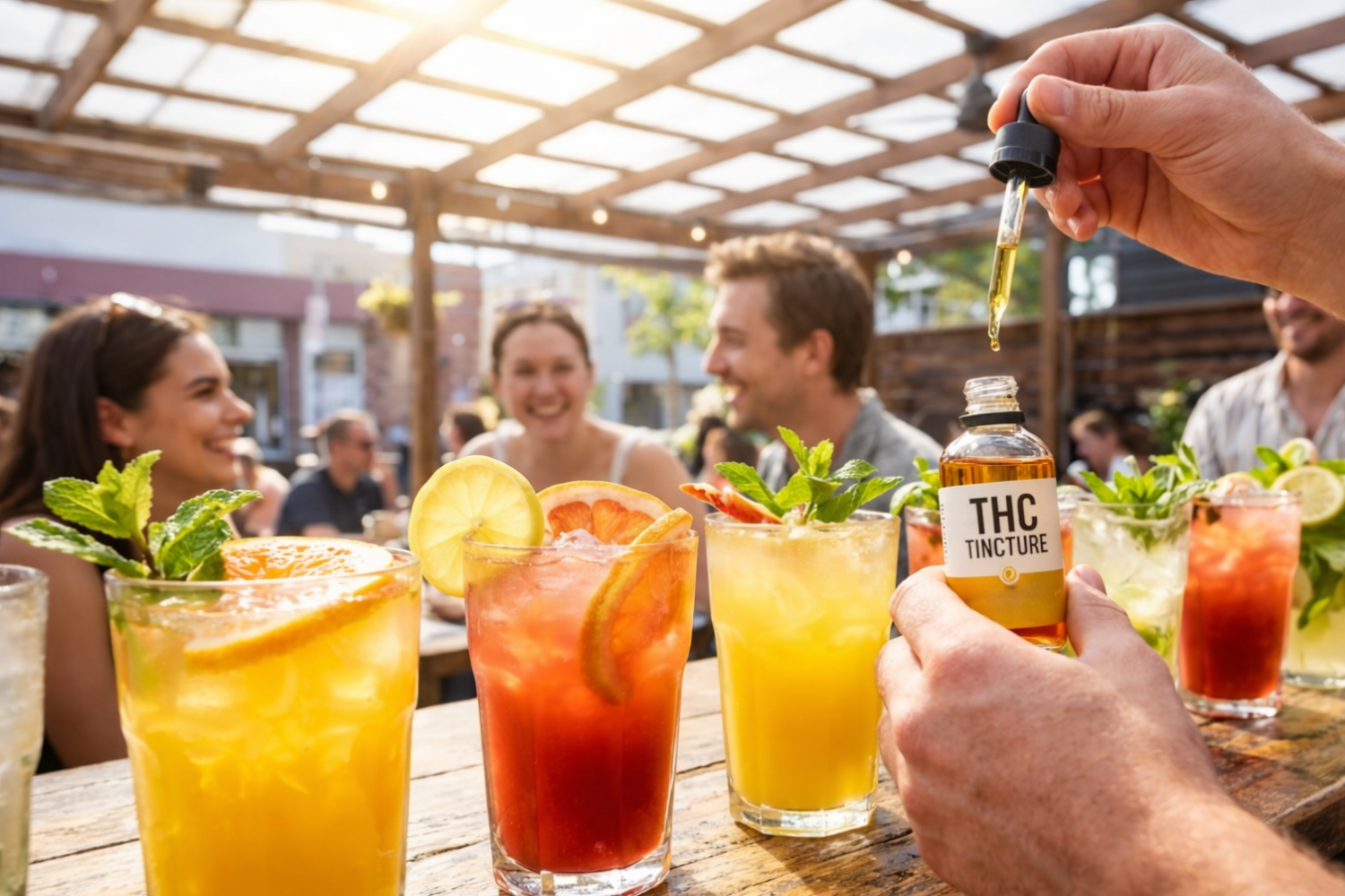 Hand adding THC tincture drops to colorful cannabis mocktails at an outdoor gathering.