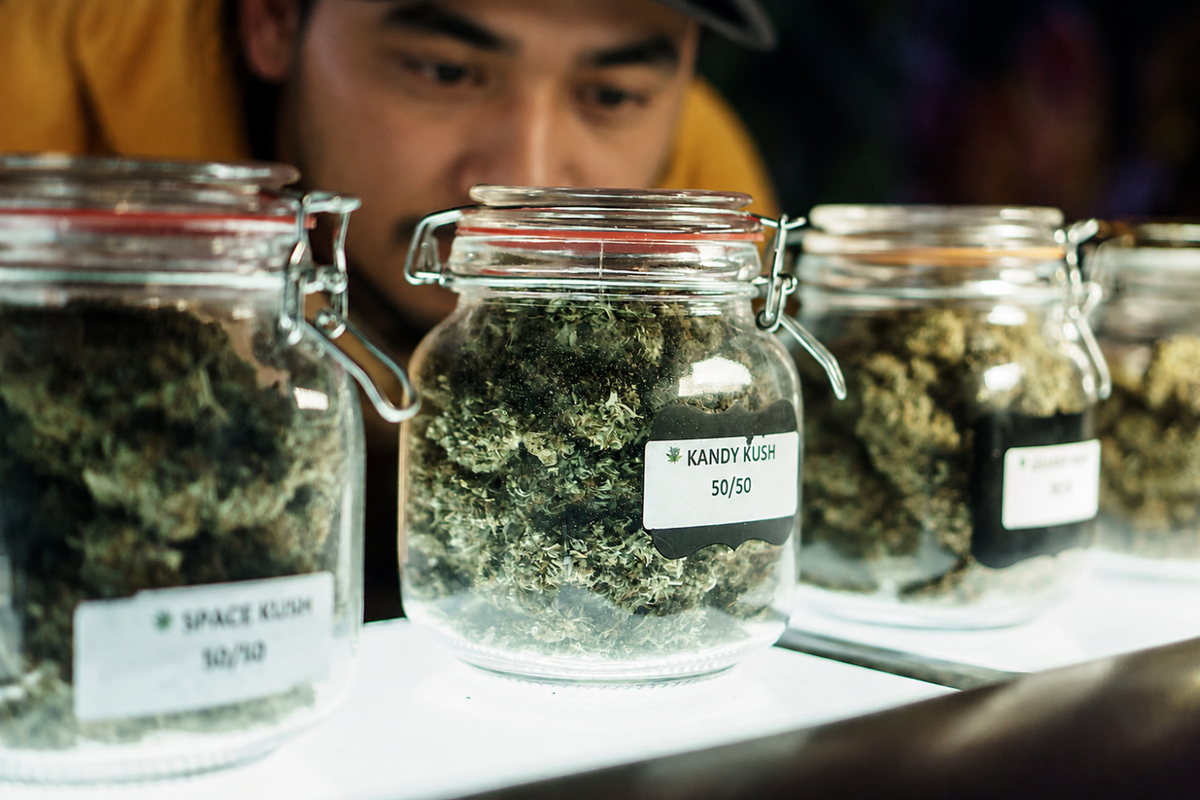 Customer closely comparing cannabis strain jars, showing why the same strain can feel different across cannabis brands.