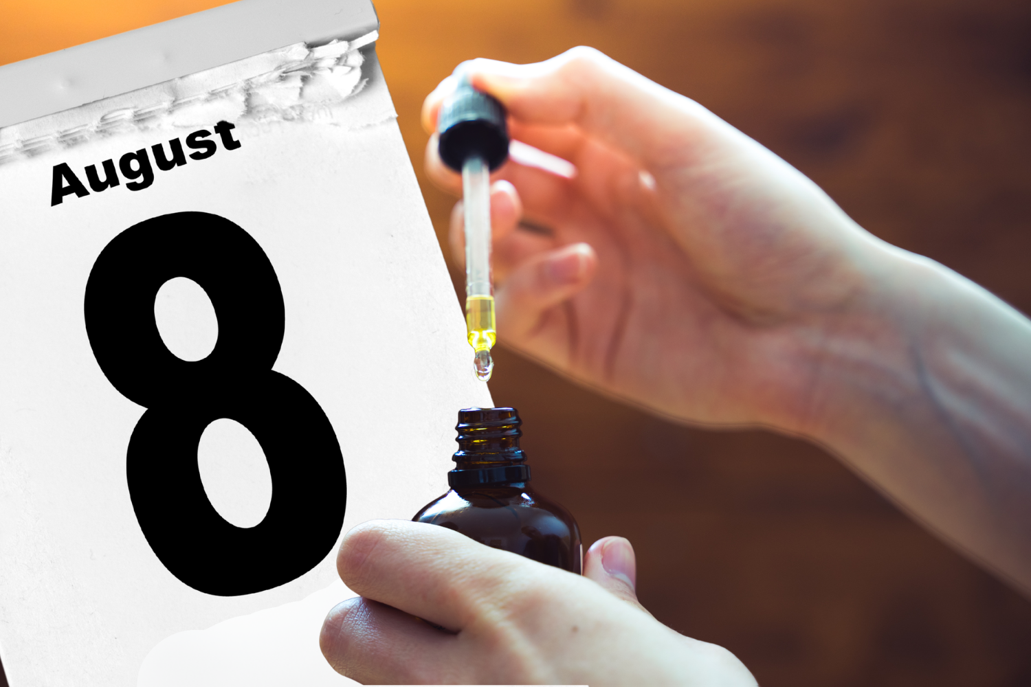 Hand using a CBD tincture dropper next to a calendar displaying August 8.