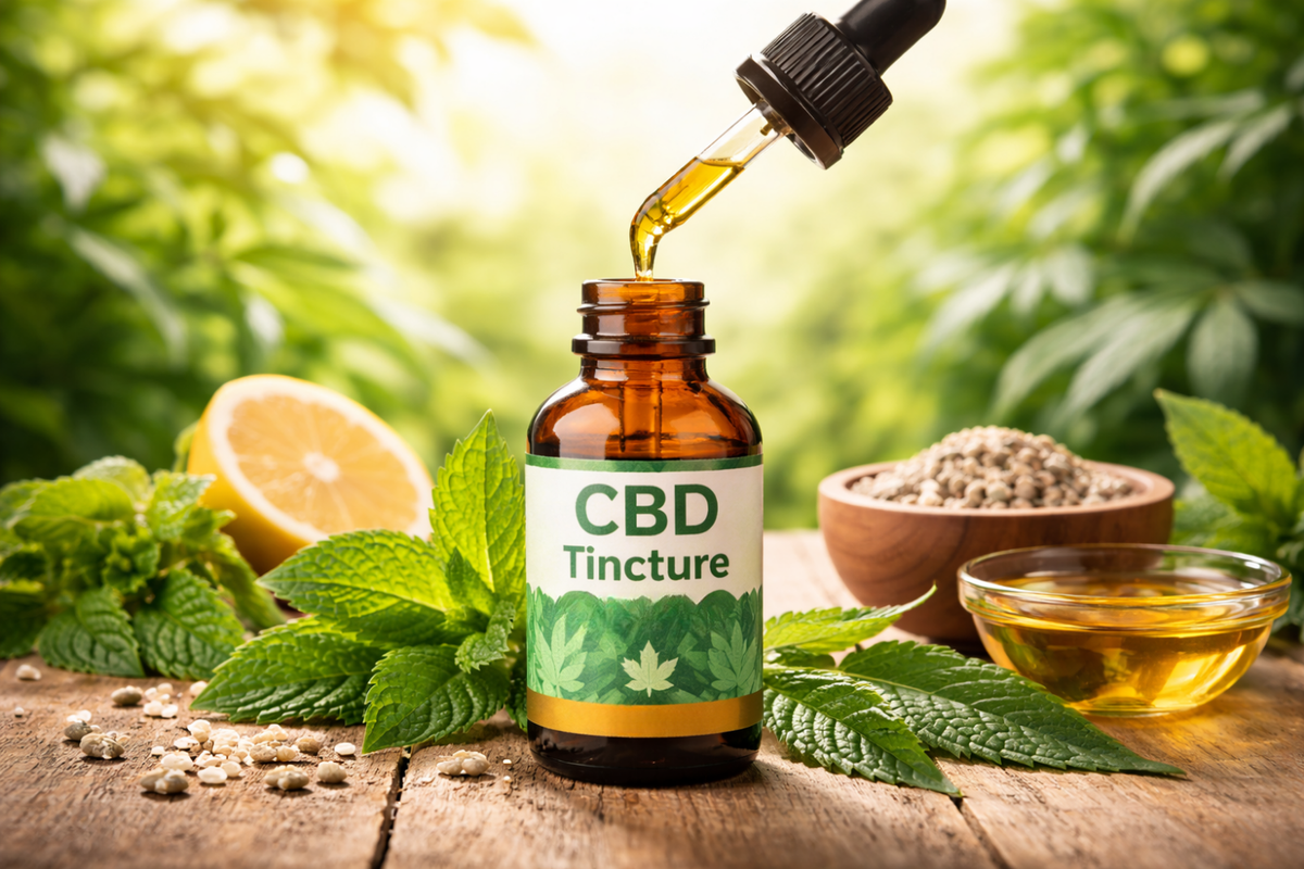 CBD tincture bottle with dropper and natural ingredients on wood surface