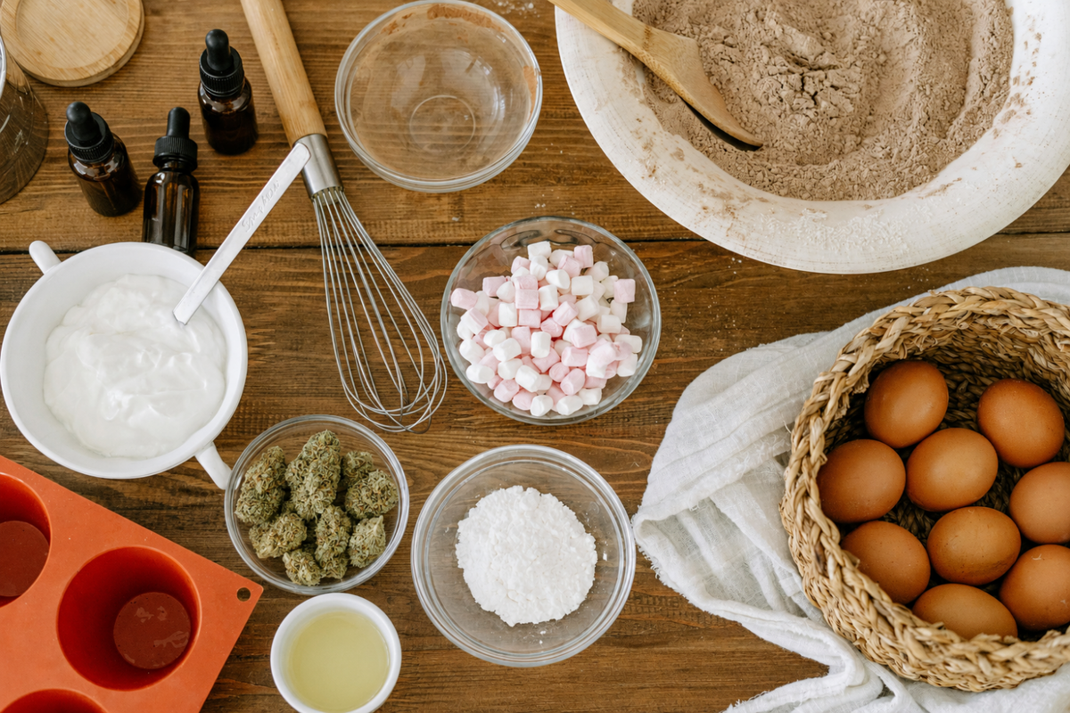 Cannabis cooking ingredients with flower, butter, oil, flour, and eggs arranged on a wooden kitchen table.