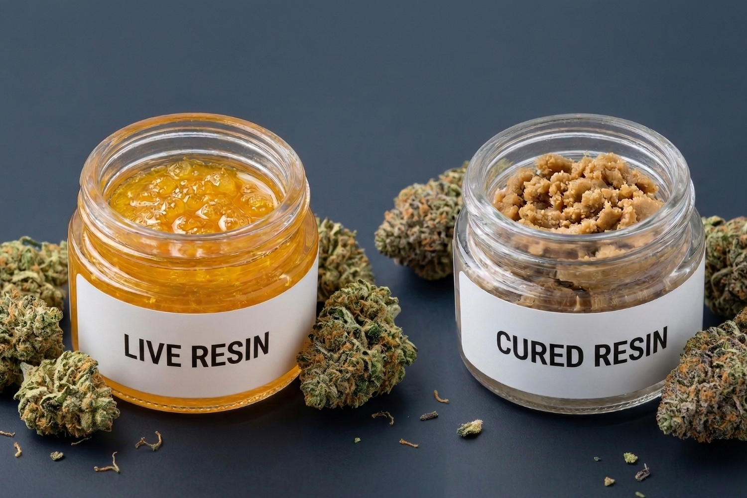 Small glass jars containing live resin and cured resin cannabis extracts resting on a dark table, surrounded by dried marijuana buds.
