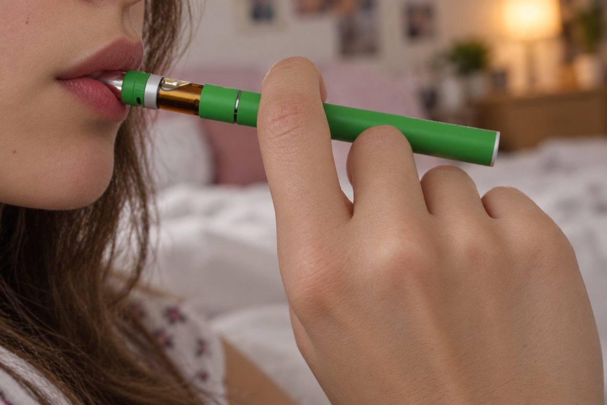 Close-up of a person using a disposable THC vape pen indoors