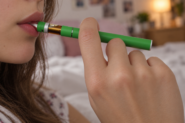 Close-up of a person using a disposable THC vape pen indoors