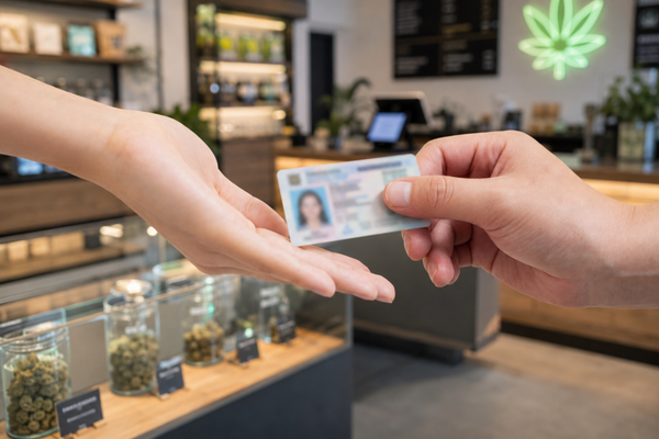 Customer hands a blurred ID to a dispensary staff member at a cannabis shop counter, representing age verification, privacy, and data security at a pot shop.