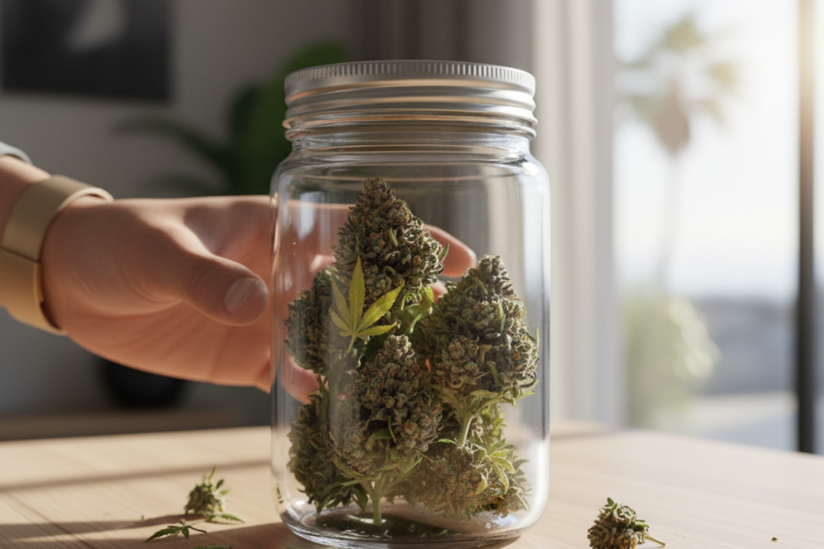 Fresh cannabis buds in an airtight glass jar representing weed freshness and storage tips in Southern California.