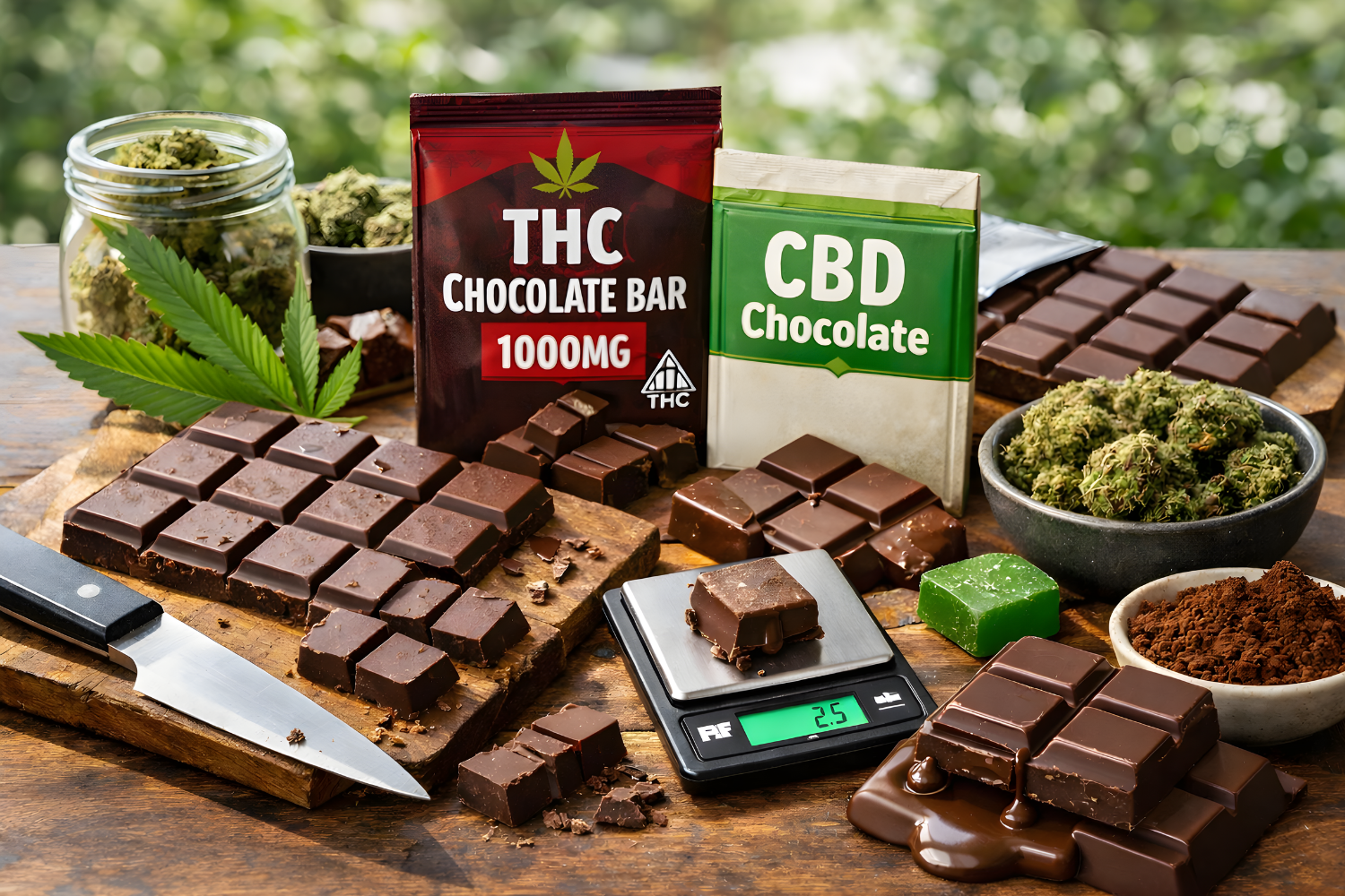 Cannabis-infused chocolate bars and buds displayed with a digital scale, knife, and cocoa powder.