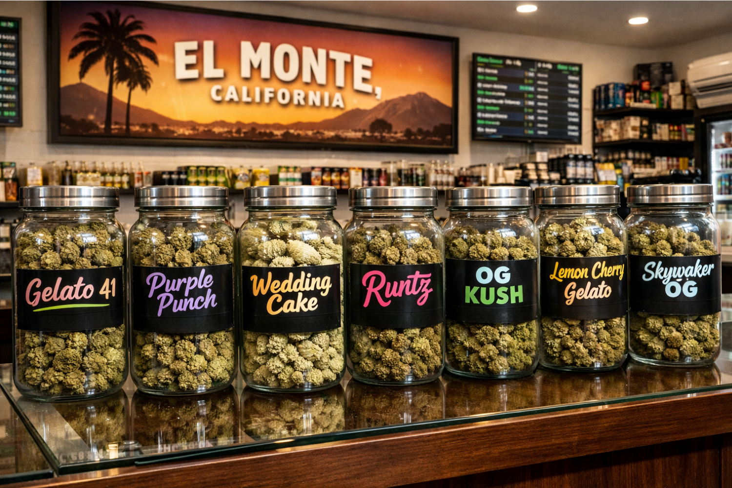 Top-shelf and exotic weed strains displayed in jars at a dispensary in El Monte, California