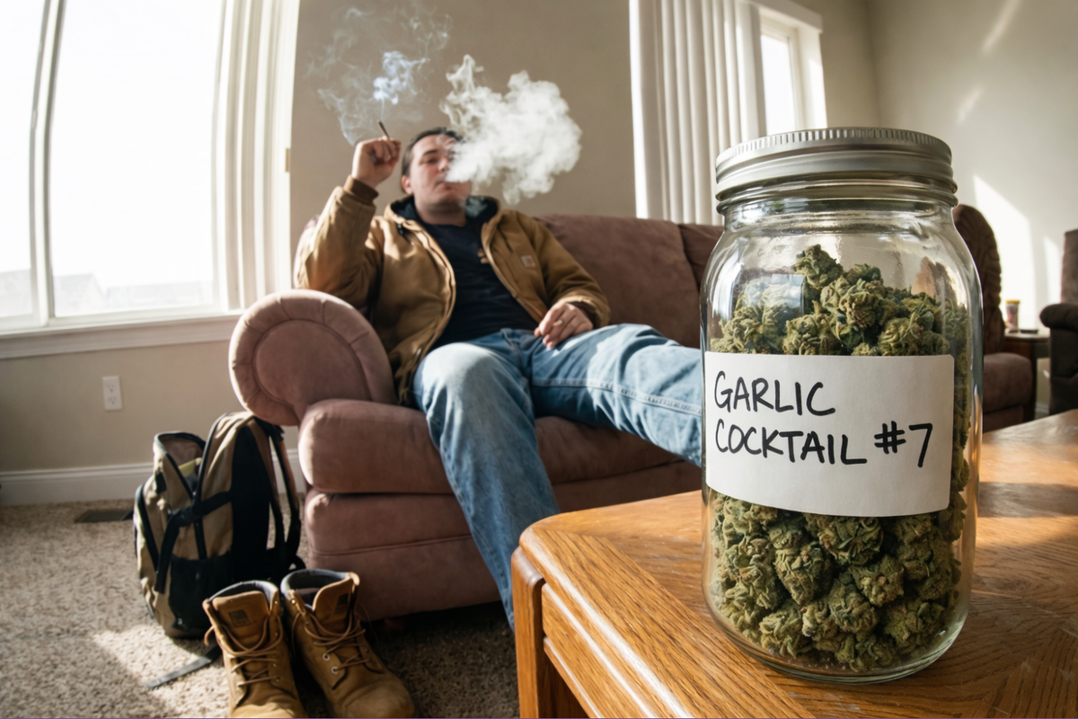 Jar of Garlic Cocktail #7 cannabis strain on a table with person relaxing in background.