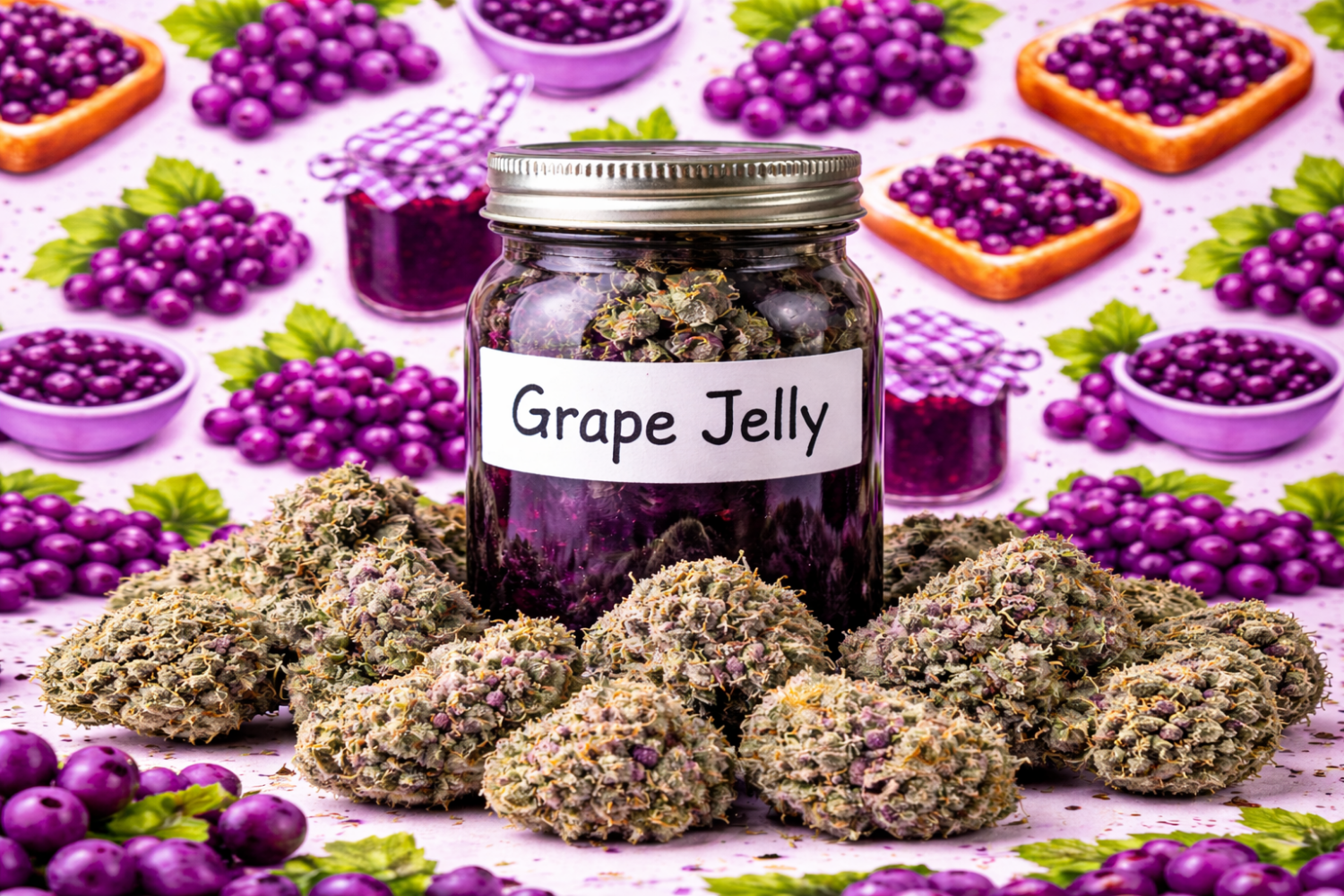 Jar of Grape Jelly cannabis strain with dense buds and a grape jelly–themed background.