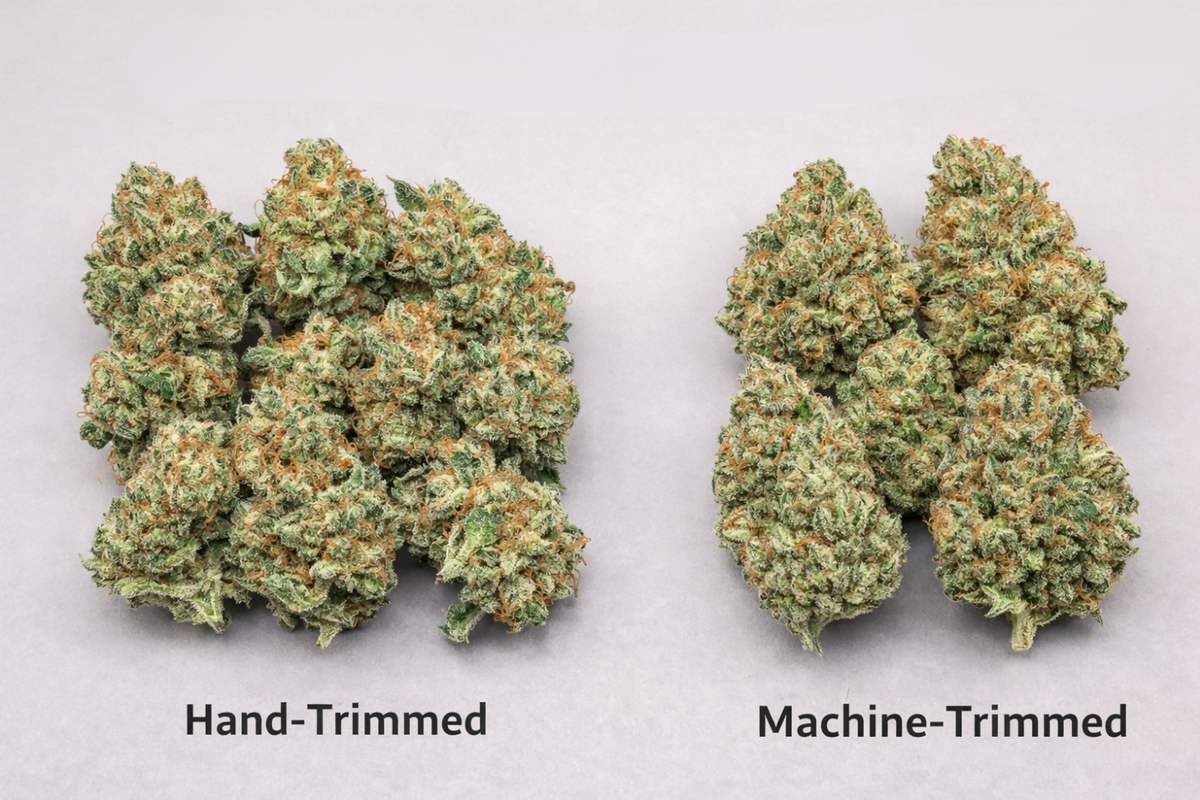 Hand-trimmed vs. machine-trimmed cannabis buds side by side.