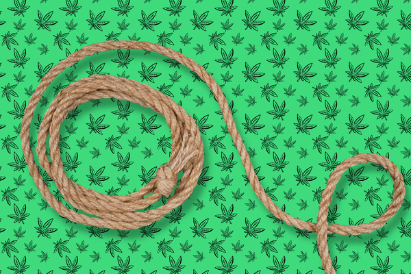 Coiled natural hemp wick on a green cannabis leaf background.
