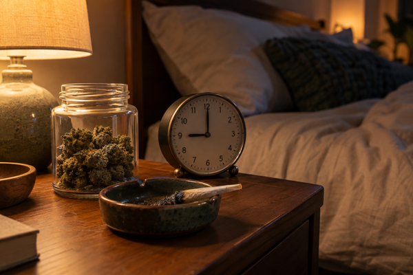 Cannabis flower and pre-roll beside a bedside clock illustrating when to use cannabis before bed