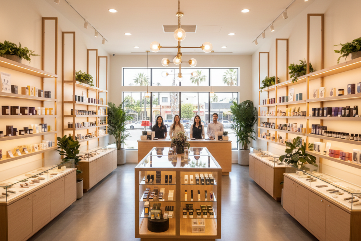 Modern weed dispensary interior with curated cannabis products and welcoming atmosphere in Southern California.