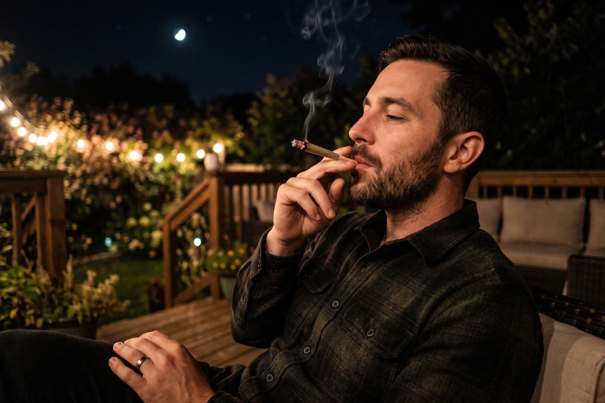 Man smoking an indica cannabis pre-roll at night, illustrating the calming and body-focused effects of an indica high