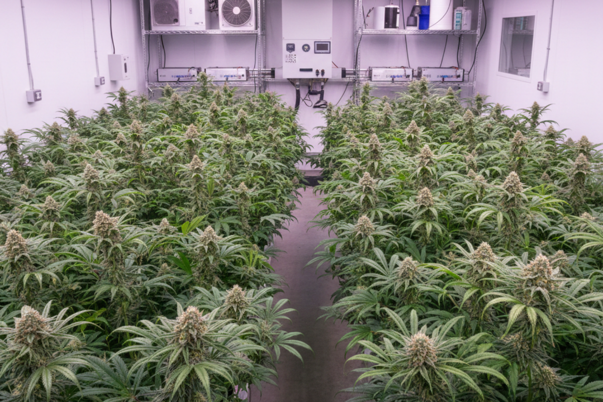 High-quality indoor cannabis plants growing under LED lights in a controlled environment.