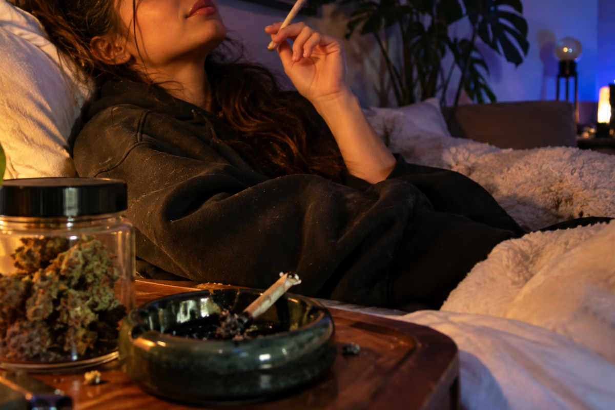 Woman relaxing with a cannabis pre-roll at night