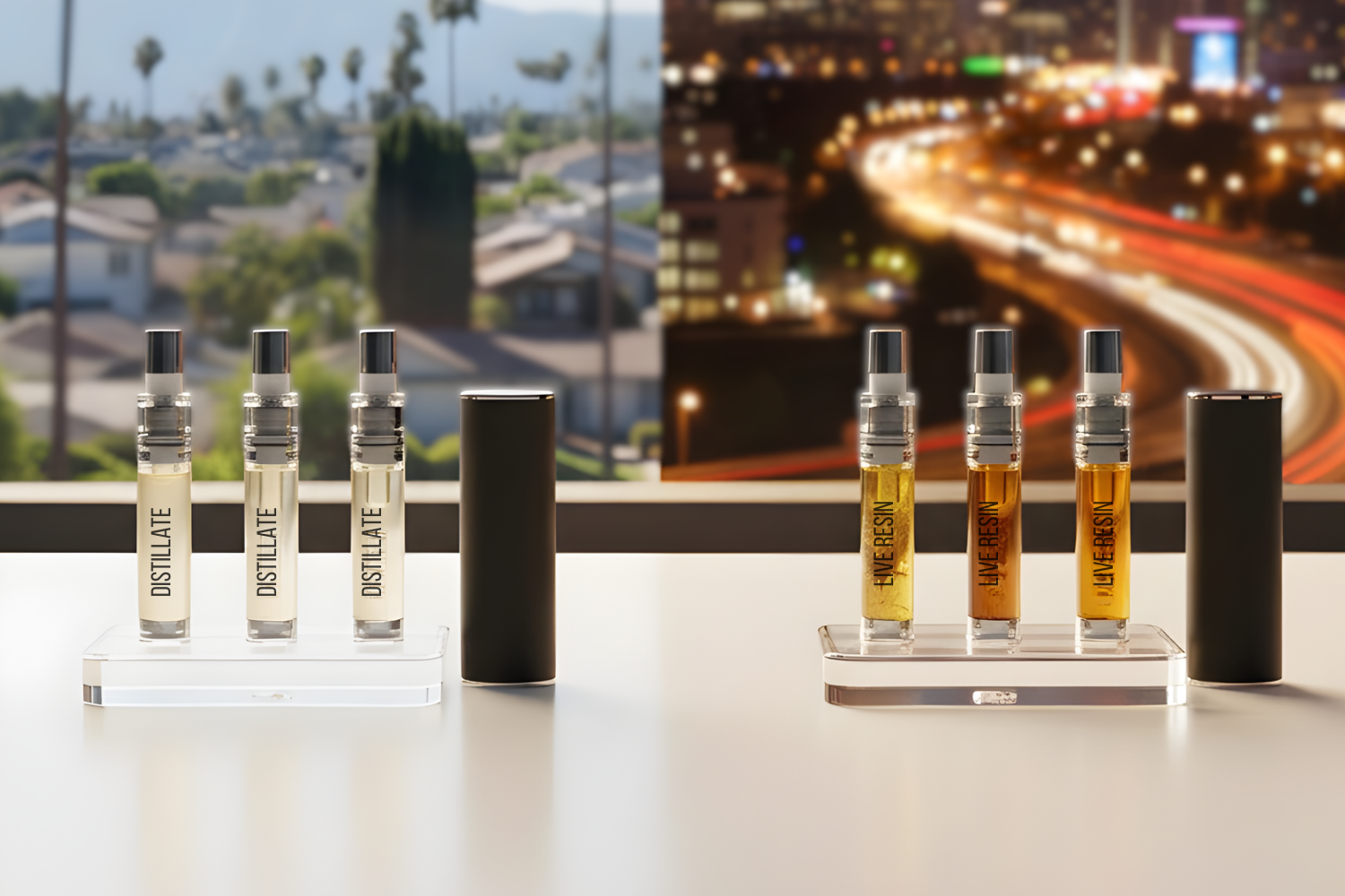 Display of live resin and distillate carts showing the difference in oil color and consistency.