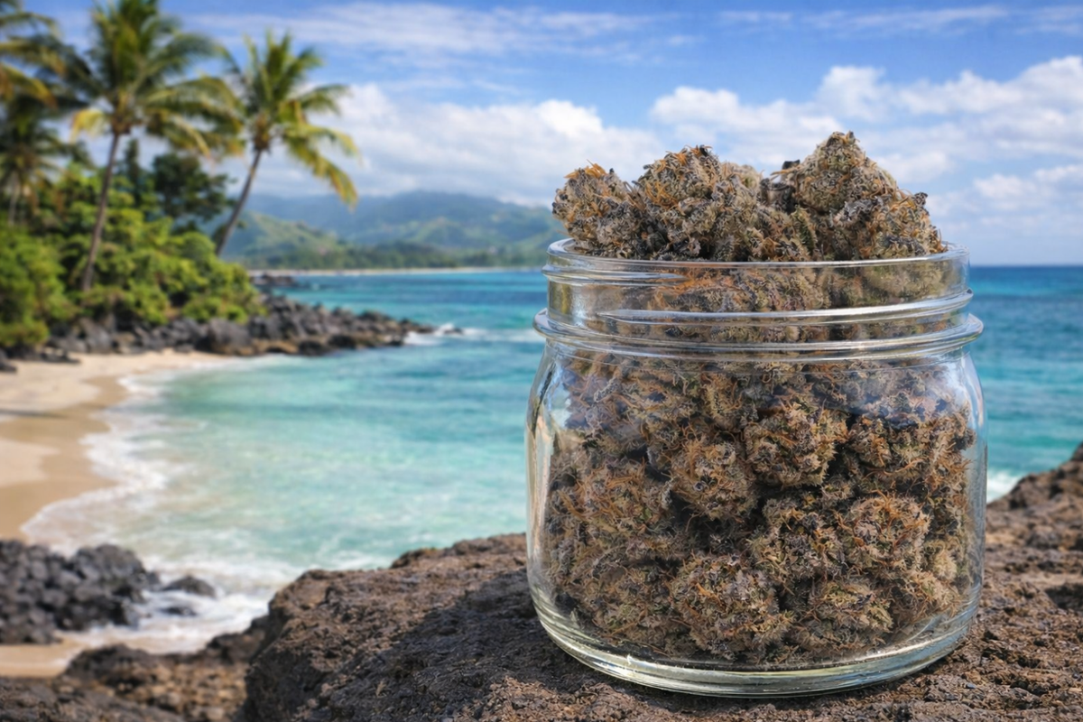 Glass jar filled with the Maui Wowie strain sitting on a volcanic shoreline with palm trees and a tropical ocean background.