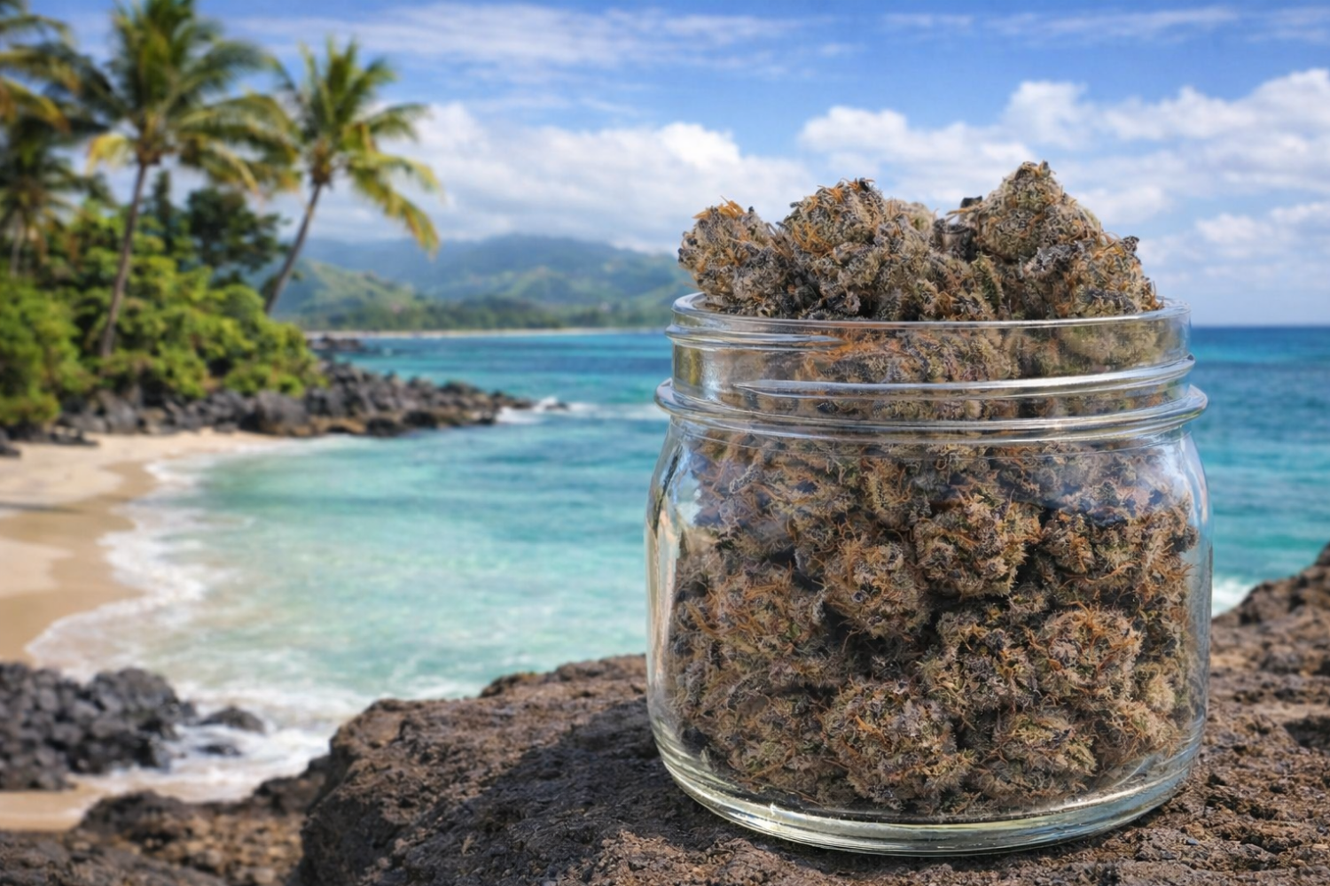 Glass jar filled with the Maui Wowie strain sitting on a volcanic shoreline with palm trees and a tropical ocean background.