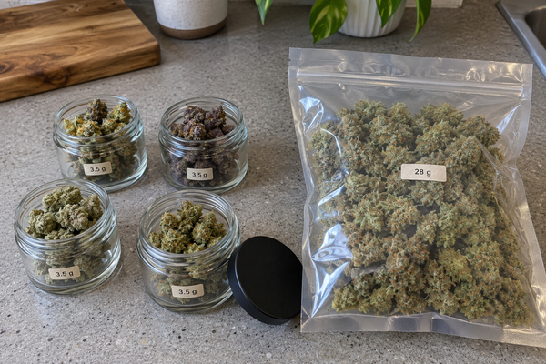 Small jars and large bag of cannabis buds on countertop