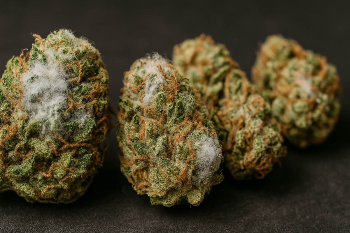 Four cannabis buds on a dark background, with the front two showing visible patches of white, fuzzy mold, answering the question: does weed go bad from mold?
