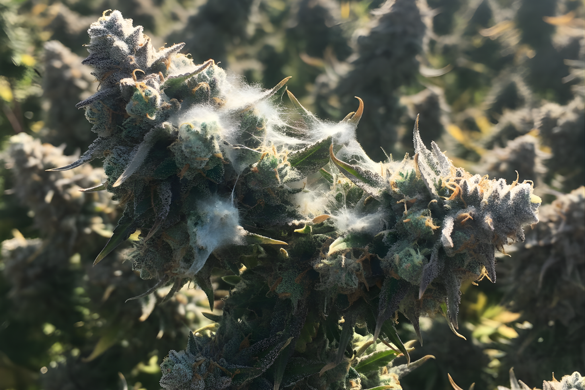 Cannabis buds covered in extensive white and gray mold growth.