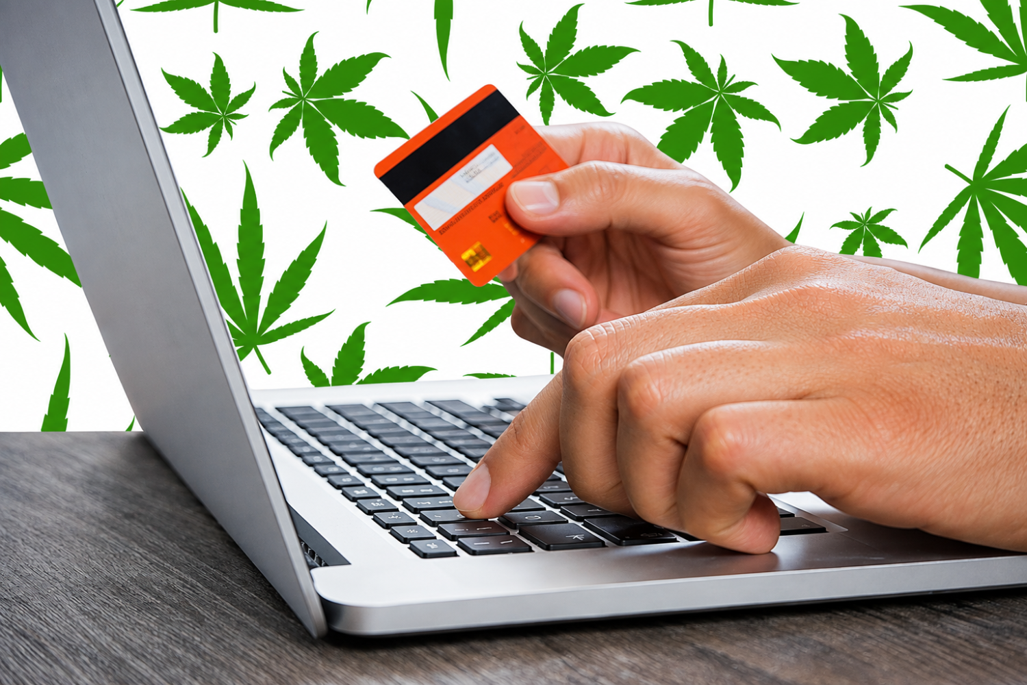 Ordering weed online with a laptop and payment card before pickup confirmation.