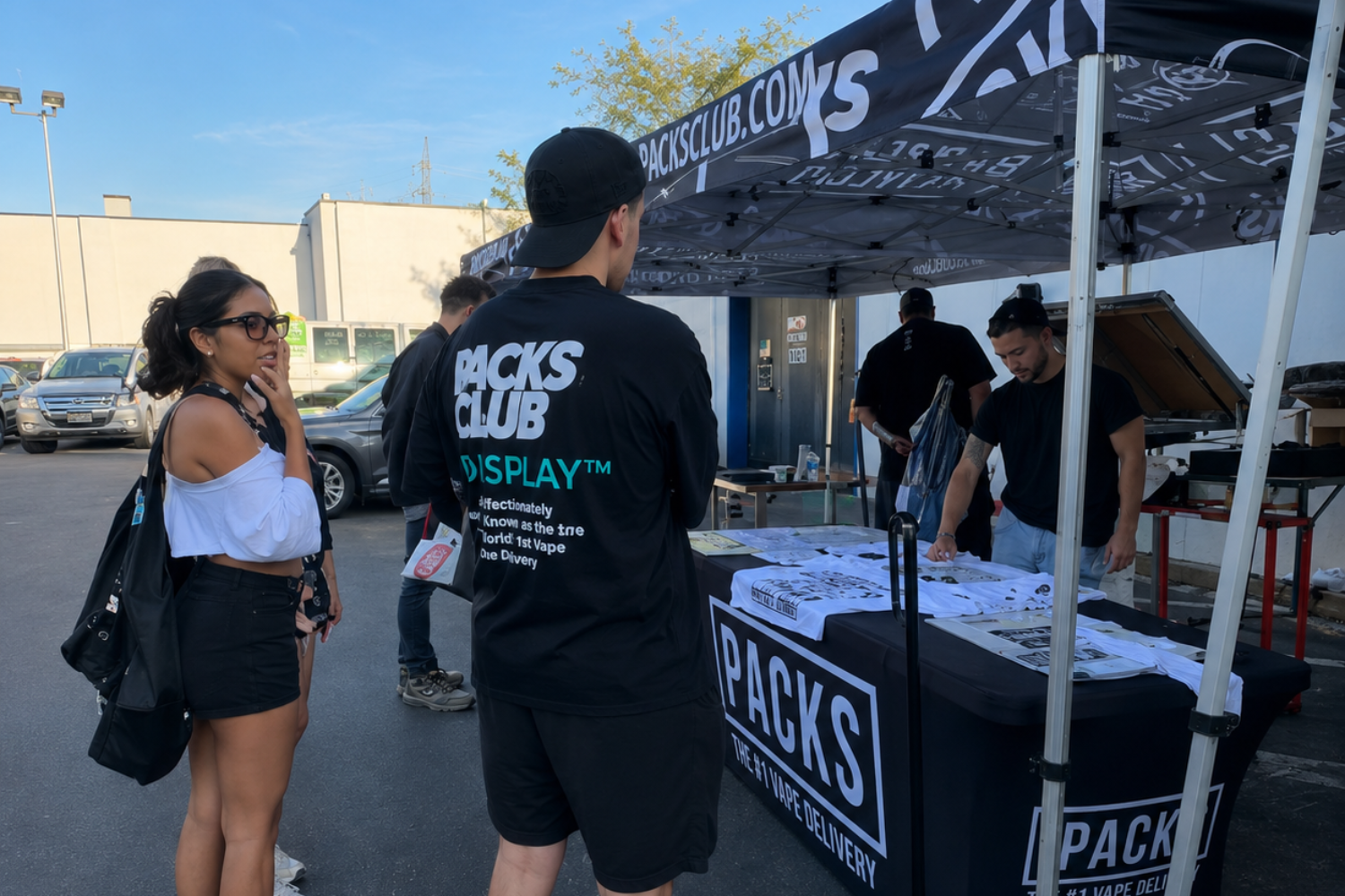 Guests speaking with PACKS Club representatives beneath a branded event tent.