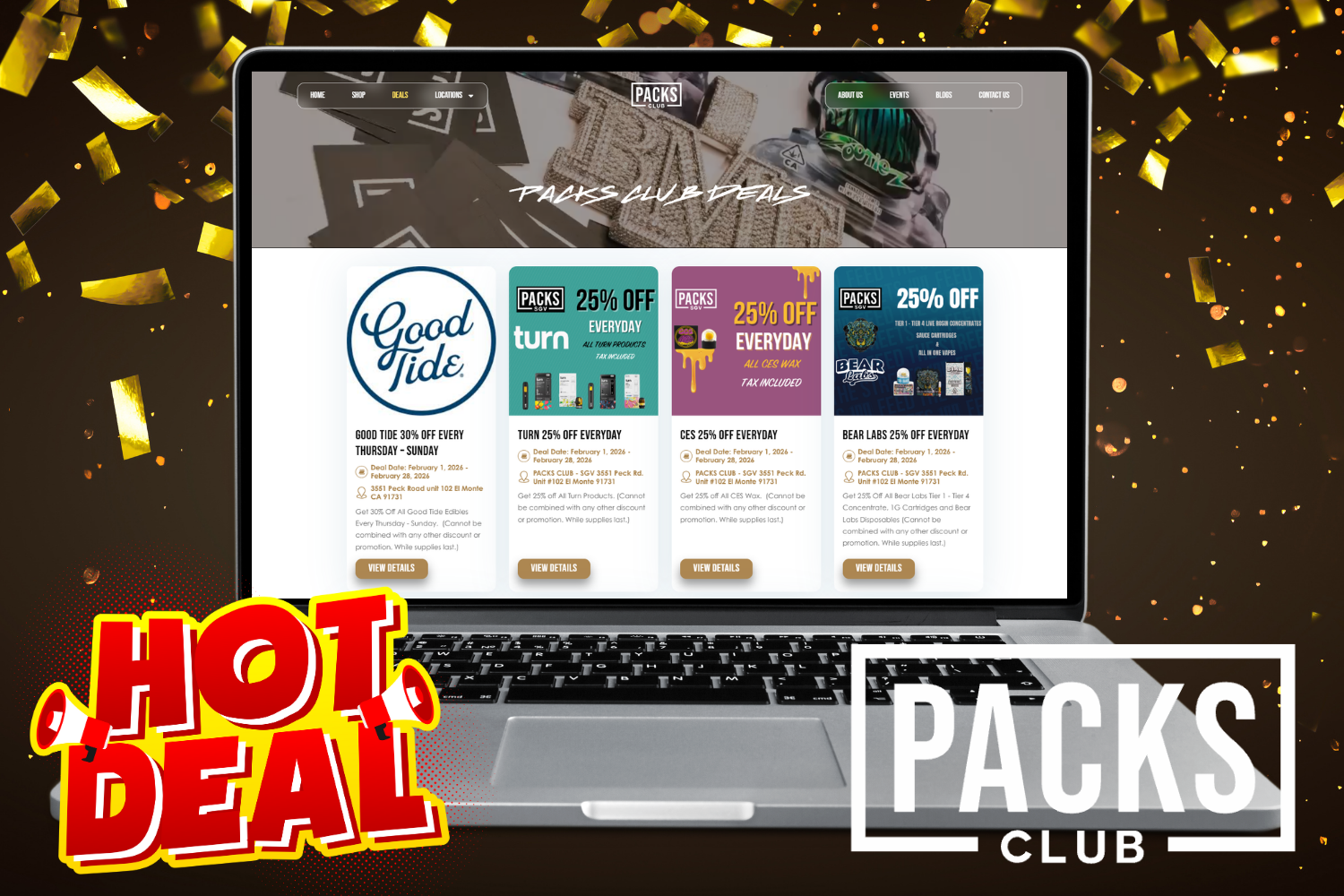 Laptop screen displaying Packs Club promotional cannabis deals with golden confetti background and brand discounts.