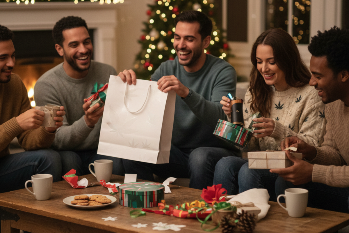 A simple scene of friends opening presents with cannabis motif.