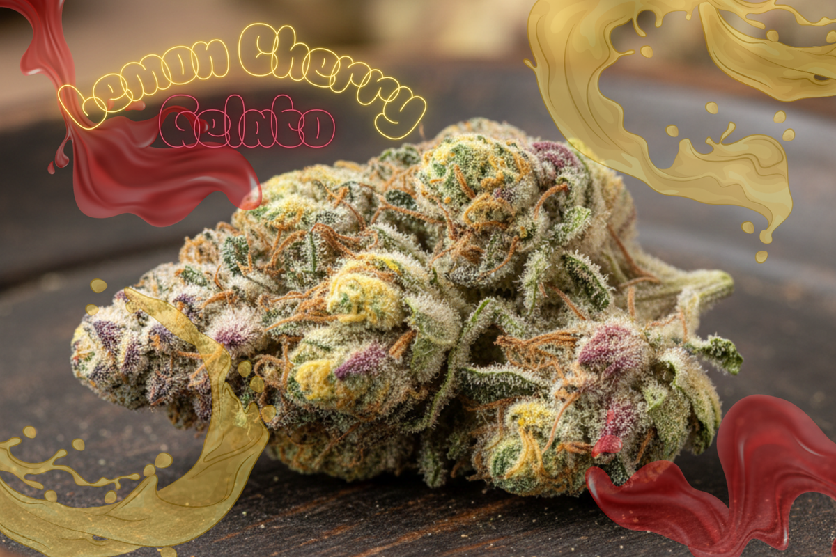 Lemon Cherry Gelato strain flower macro shot with citrus and cherry tones.
