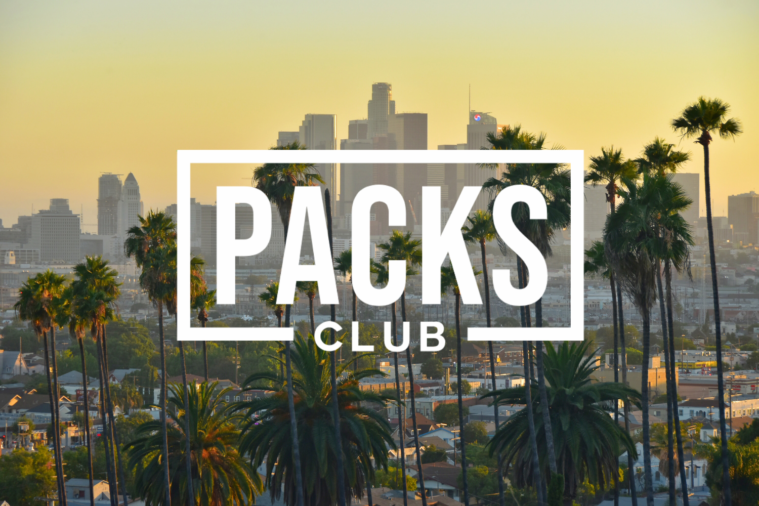 Sunset view of downtown Los Angeles with palm trees in the foreground and skyscrapers in the distance. Overlaid white frame contains bold text “PACKS CLUB,” suggesting branding or promotional content.