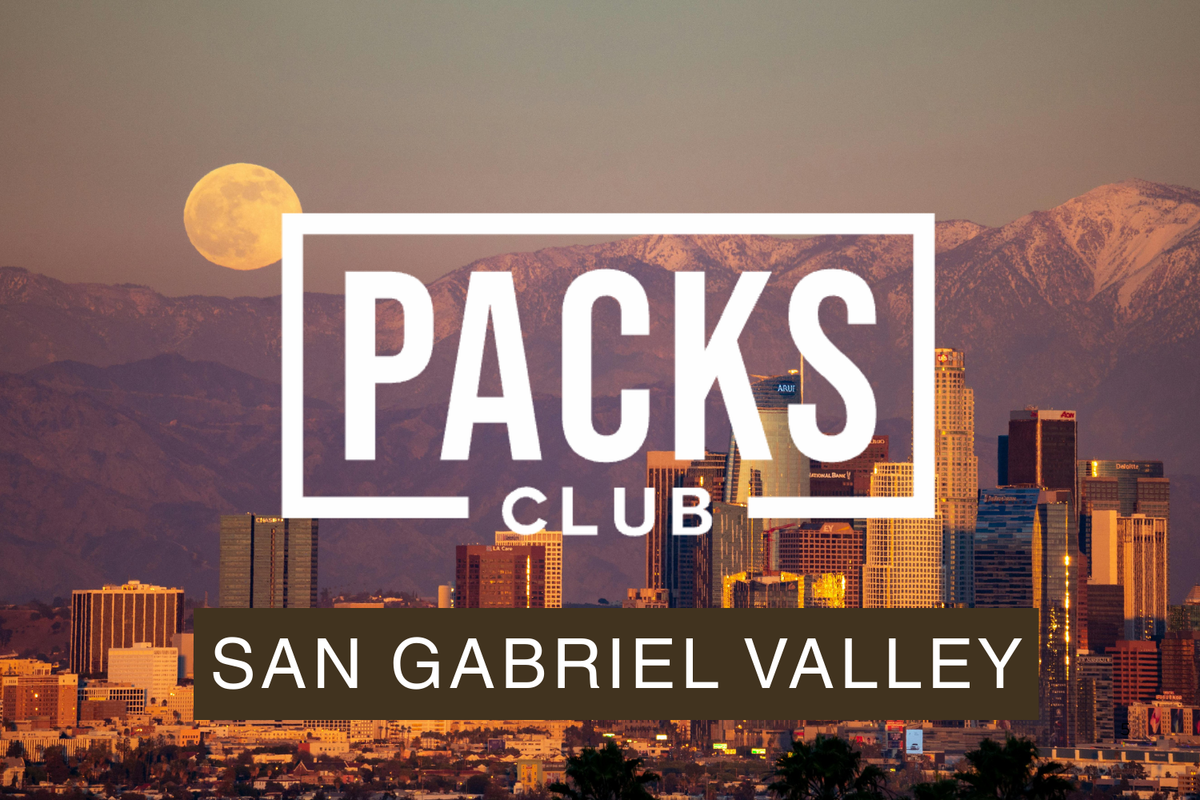 Packs Club San Gabriel Valley logo over LA skyline at sunset