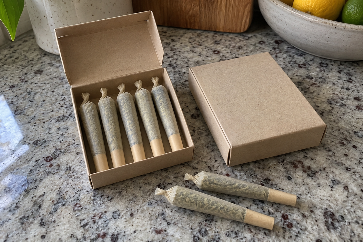 Box of pre-rolled joints on countertop