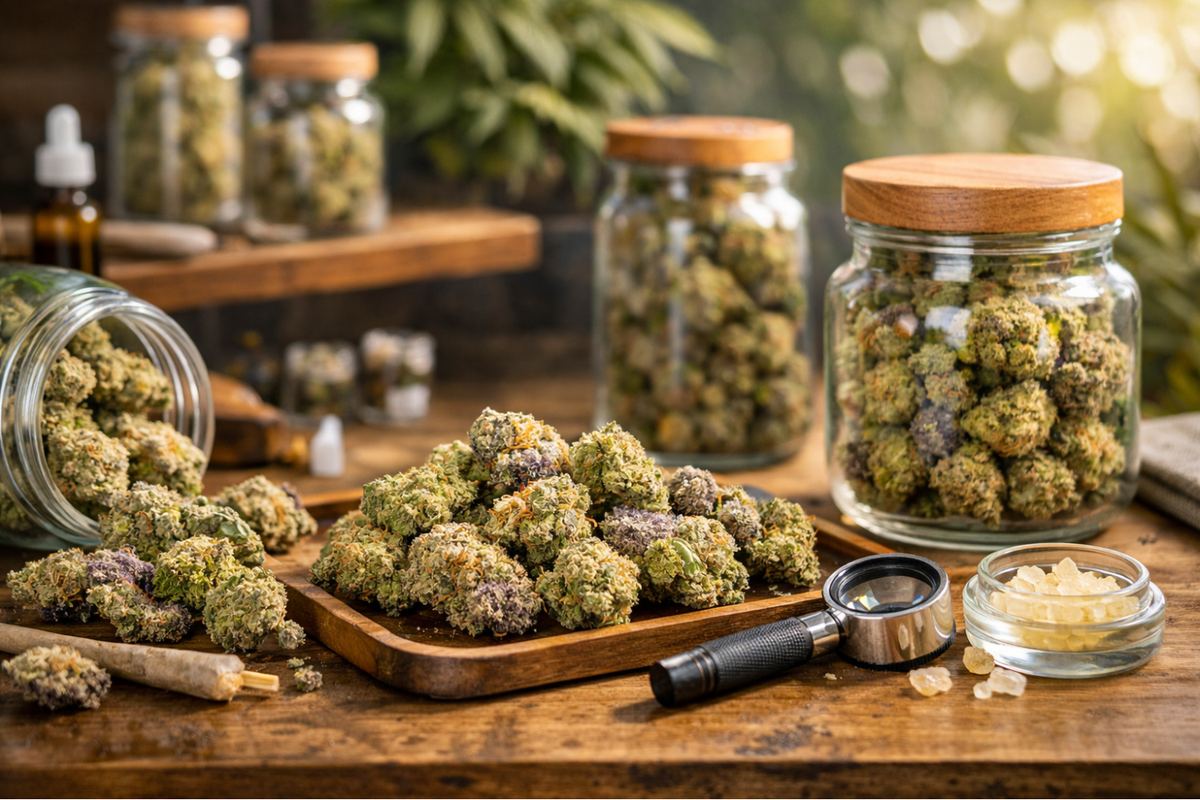 Top-shelf cannabis on rustic wood