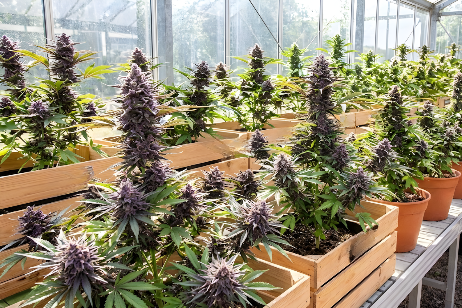 Purple cannabis plants growing in greenhouse.