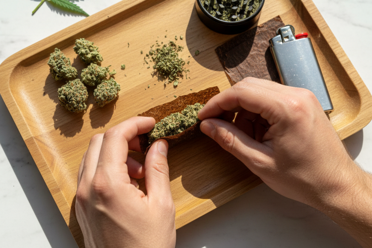 Person rolling a blunt on a clean tray with cannabis, wraps, and tools arranged neatly.