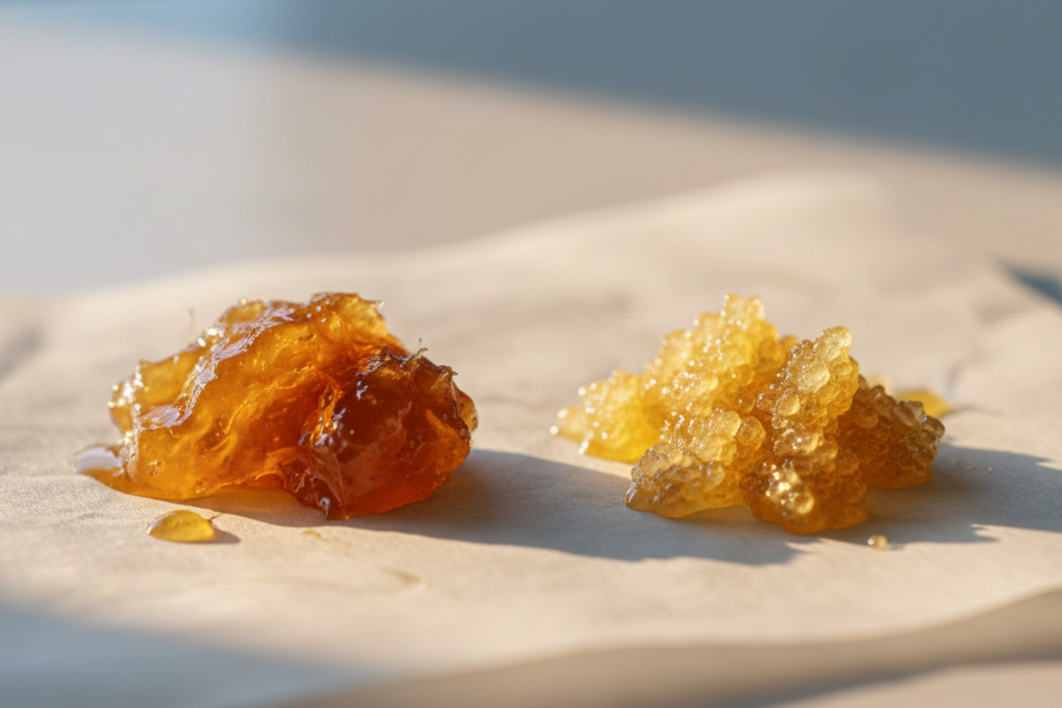 Close-up comparison of cannabis rosin and live resin concentrates.