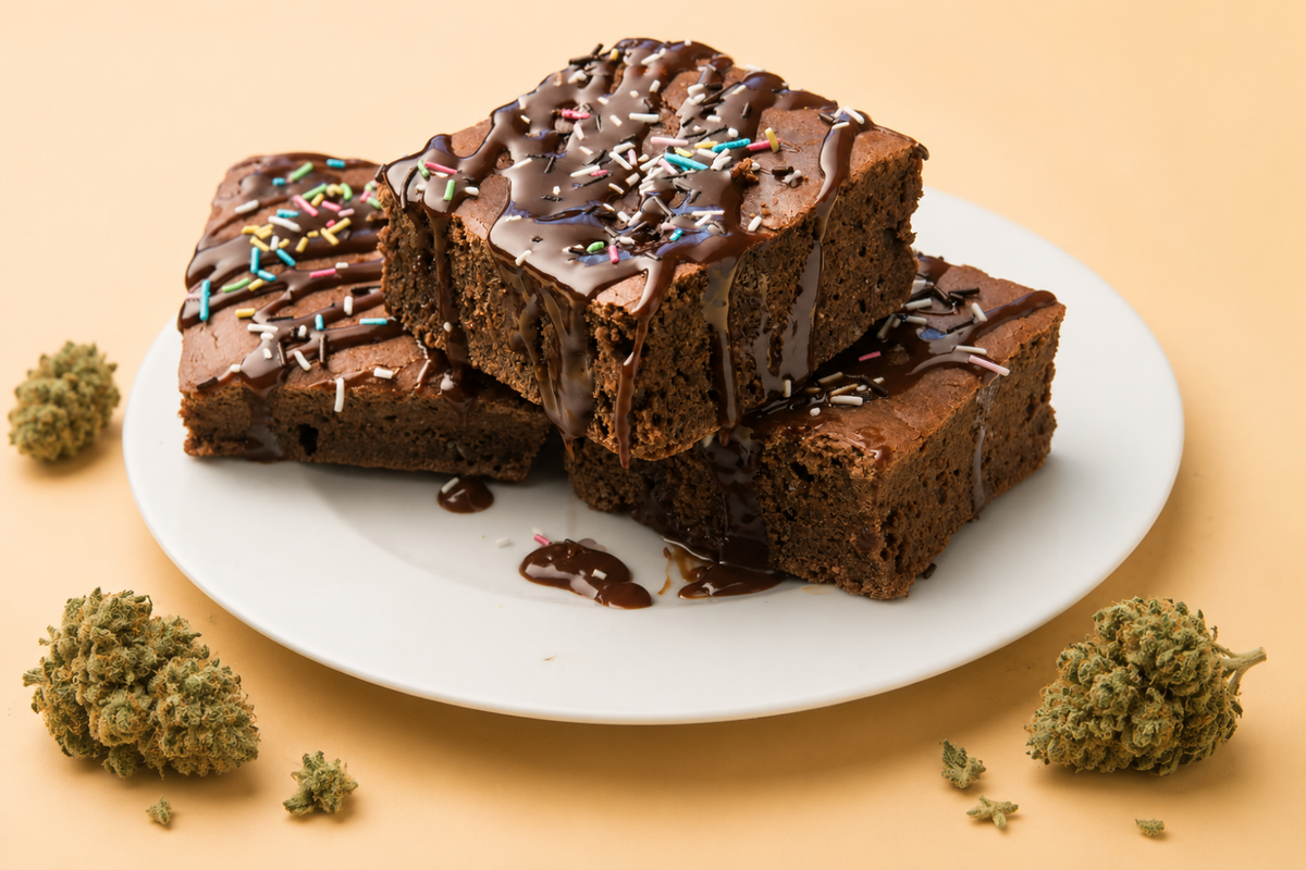 Chocolate brownies beside cannabis flowers, illustrating baking with THC for potent homemade brownies.