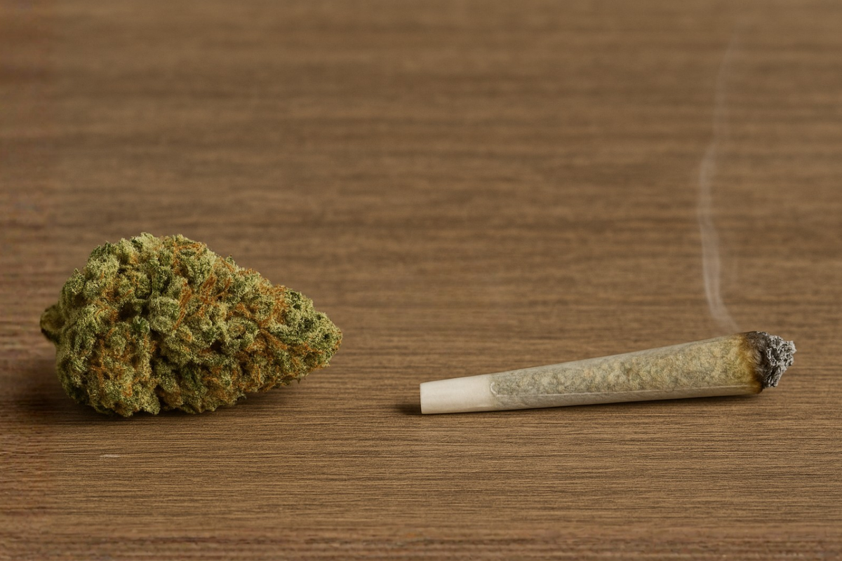 A cannabis bud containing raw THCA next to a lit, smoking joint containing converted THC, visually representing the difference between THC and THCA before and after heat.